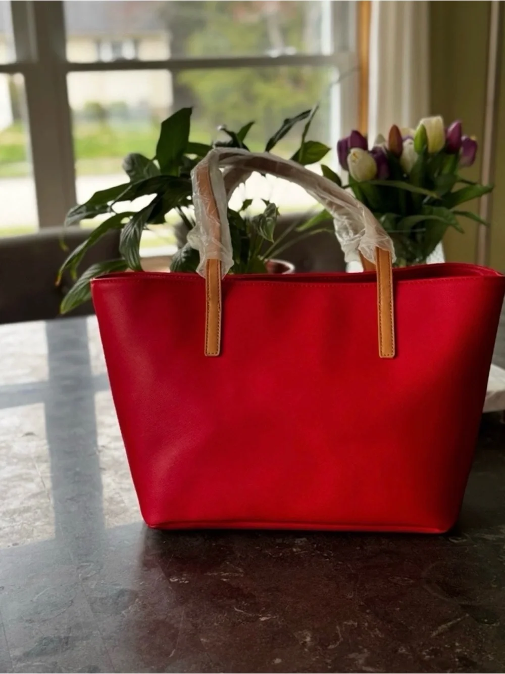 NWT Nautica Tote Bag - Bright Red with Tan Handles
